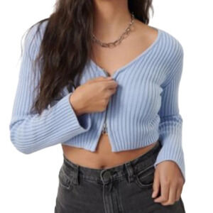 Garage Cropped Zipper Cardigan Kentucky Blue Ribbed Knit V-Neck Long Sleeves L